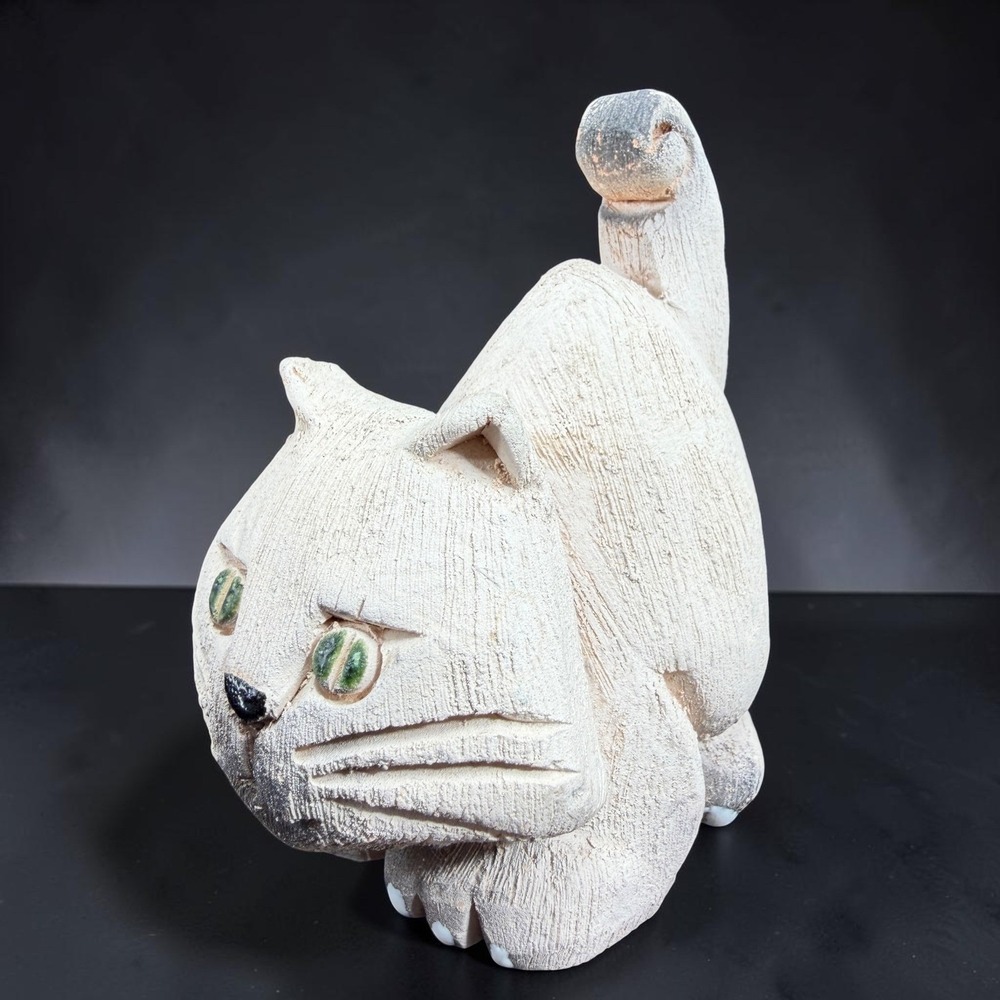 Artesania Rinconada Kitty Cat Figurine‎ Textured Clay Green Eyes Uruguay 3in
